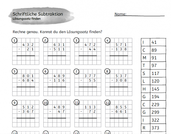 Kostenlose Subtrahieren | Schriftliche Subtraktion / schriftliches